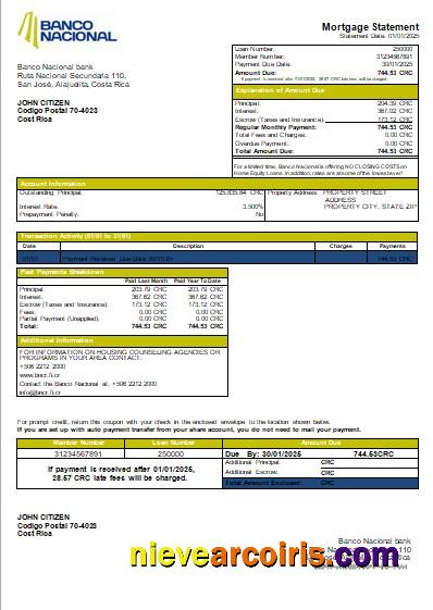 Costa Rica Banco Nacional bank mortgage statement